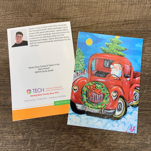 "Santa Claus Comes to Town in His Shiny Pickup" Card by Laurie Jarrett